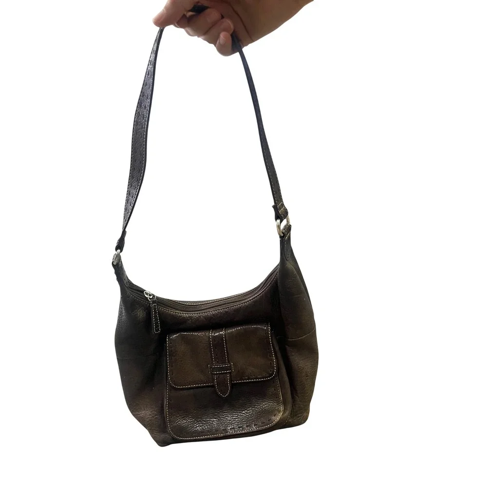 Fossil Brown Leather Shoulder Bag Hobo Y2K Front Pocket Contrast Stitch Zip Top